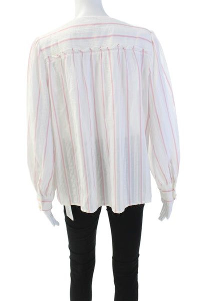 La Vie Womens Striped Button Down Long Sleeves Shirt White Pink Cotton Size Larg