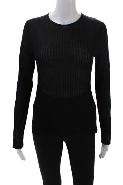 Vince Womens Long Sleeve Ribbed Sheer Casual Cropped Top Solid Black Size M