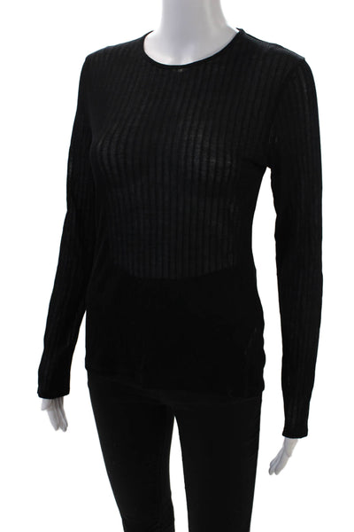 Vince Womens Long Sleeve Ribbed Sheer Casual Cropped Top Solid Black Size M