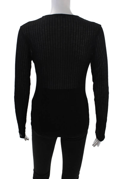 Vince Womens Long Sleeve Ribbed Sheer Casual Cropped Top Solid Black Size M