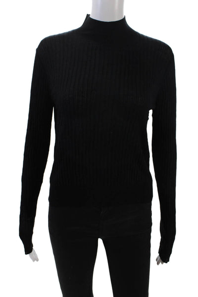 Vince Womens Long Sleeve Ribbed Sheer Casual Cropped Top Solid Black Size M
