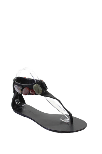 Elizabeth and James Womens Thong Strap Beaded Zip Flat Sandals Black Size 6.5