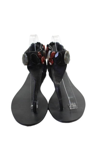 Elizabeth and James Womens Thong Strap Beaded Zip Flat Sandals Black Size 6.5