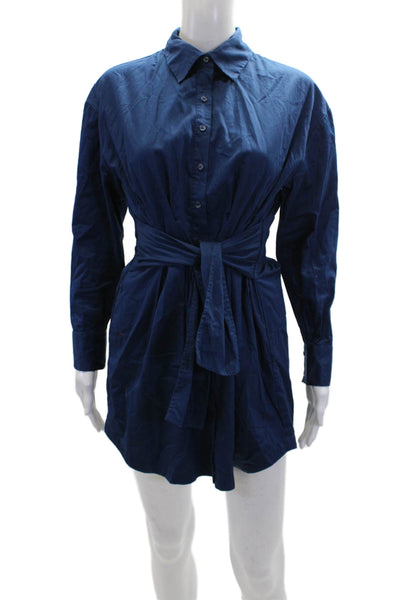 Intermix Womens Pleated Button Down Tie Waist Shirt Dress Blue Size 2
