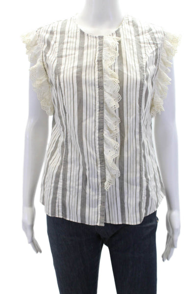 La Vie Womens Cotton Striped Ruffle Trim Buttoned Sleeveless Top Gray Size L