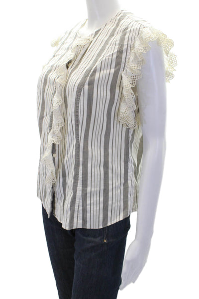 La Vie Womens Cotton Striped Ruffle Trim Buttoned Sleeveless Top Gray Size L
