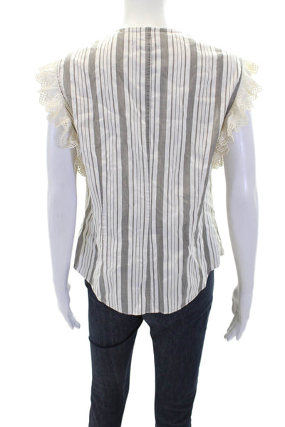 La Vie Womens Cotton Striped Ruffle Trim Buttoned Sleeveless Top Gray Size L