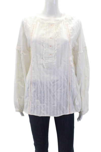 Sundance Womens Cotton Ruffle Henley Neck Long Sleeve Blouse Top White Size M