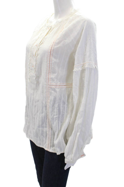 Sundance Womens Cotton Ruffle Henley Neck Long Sleeve Blouse Top White Size M