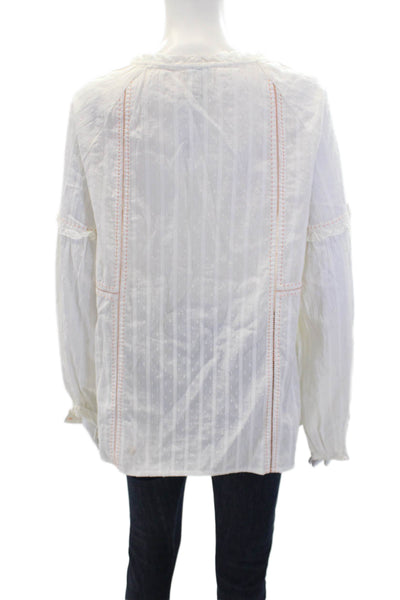 Sundance Womens Cotton Ruffle Henley Neck Long Sleeve Blouse Top White Size M