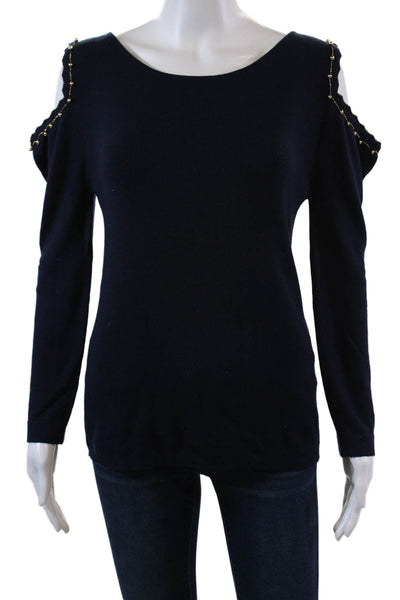 Alex Gore Browne Womens Wool Beaded Cold Shoulder Sweater Top Navy Size Small