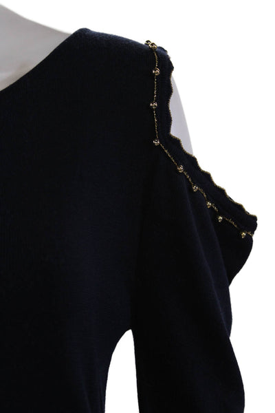 Alex Gore Browne Womens Wool Beaded Cold Shoulder Sweater Top Navy Size Small