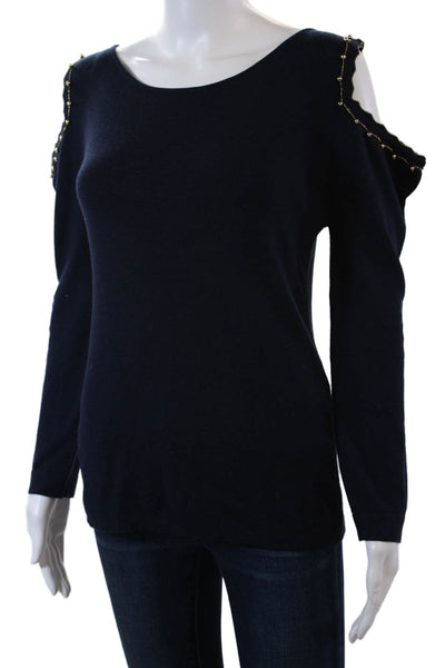 Alex Gore Browne Womens Wool Beaded Cold Shoulder Sweater Top Navy Size Small