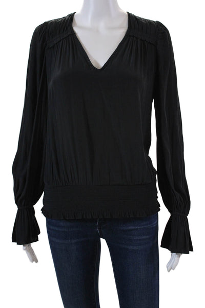 Ramy Brook Womens Long Sleeve V-Neck Smocked Blouse Top Black Size 2XS