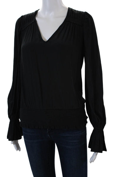 Ramy Brook Womens Long Sleeve V-Neck Smocked Blouse Top Black Size 2XS