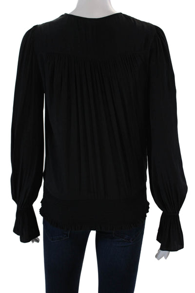 Ramy Brook Womens Long Sleeve V-Neck Smocked Blouse Top Black Size 2XS