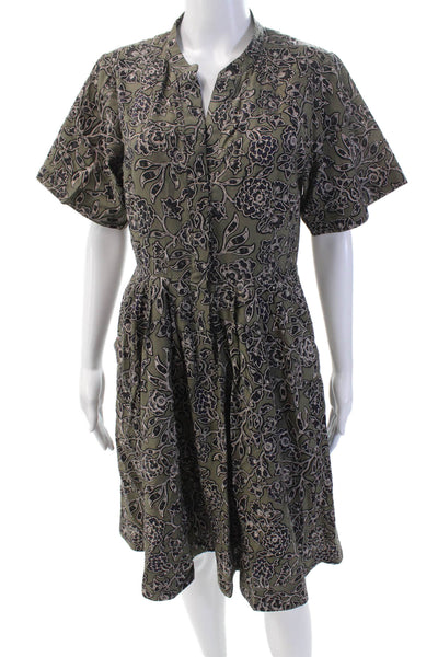 ALC Womens Cotton Floral Pleated Waist Detail Buttoned Dress Green Size 6