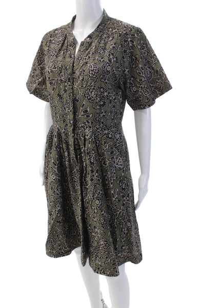 ALC Womens Cotton Floral Pleated Waist Detail Buttoned Dress Green Size 6