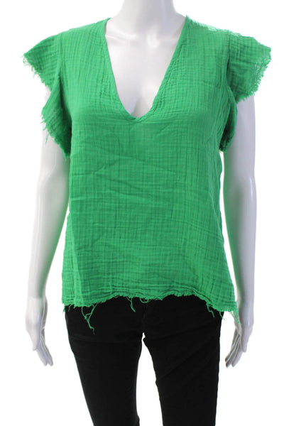 Stark Womens Cotton V Neck Solid Ruffle Top Green Size XS