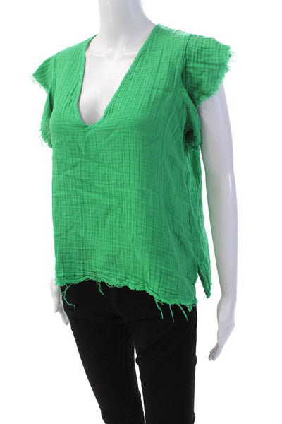 Stark Womens Cotton V Neck Solid Ruffle Top Green Size XS