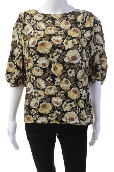 Nation Los Angeles Womens Short Puff Sleeve Floral Blouse Brown Size M