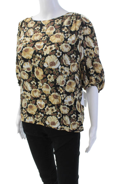 Nation Los Angeles Womens Short Puff Sleeve Floral Blouse Brown Size M