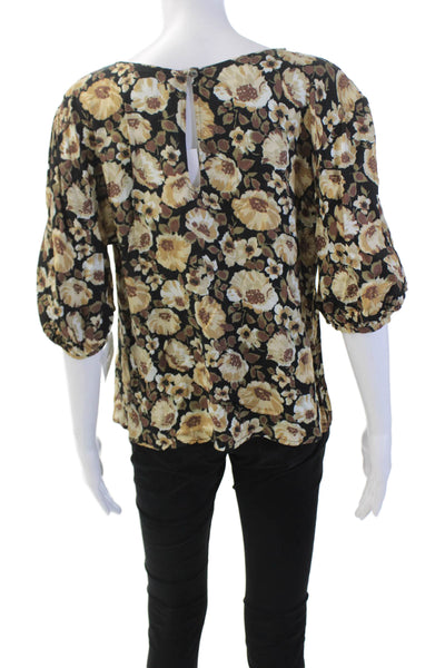 Nation Los Angeles Womens Short Puff Sleeve Floral Blouse Brown Size M