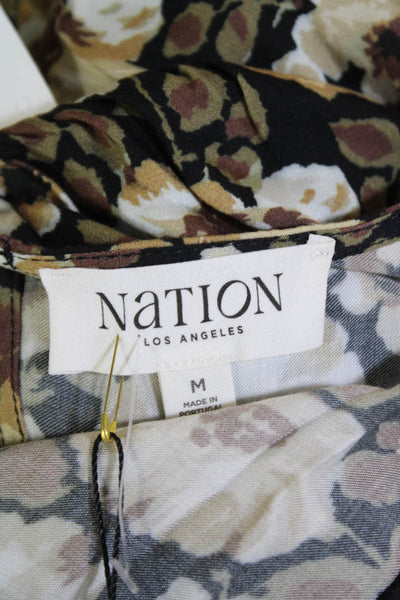 Nation Los Angeles Womens Short Puff Sleeve Floral Blouse Brown Size M