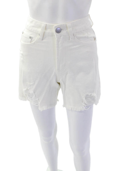 Superdown Womens Zipper Fly Mid Rise Distressed Fringe Denim Shorts White 23
