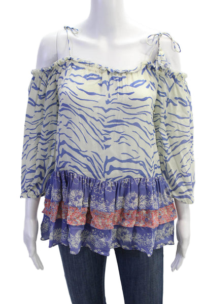 Pepin Womens Textured Scoop Neck Long Sleeve Tier Blouse Blue Size S