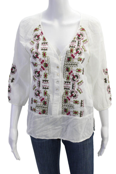 Burning Torch Womens Cotton Long Sleeve Button Embroidered Blouse White Size S