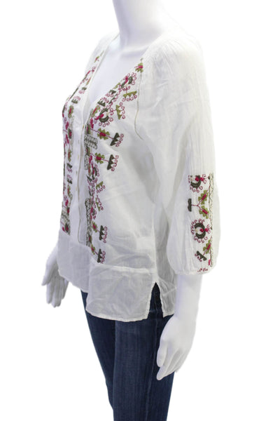 Burning Torch Womens Cotton Long Sleeve Button Embroidered Blouse White Size S