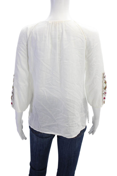 Burning Torch Womens Cotton Long Sleeve Button Embroidered Blouse White Size S
