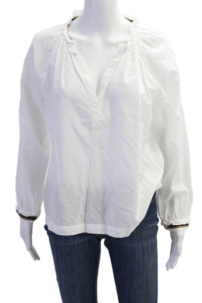Velvet Womens Cotton Long Sleeve Button V-neck Casual Blouse White Size XS