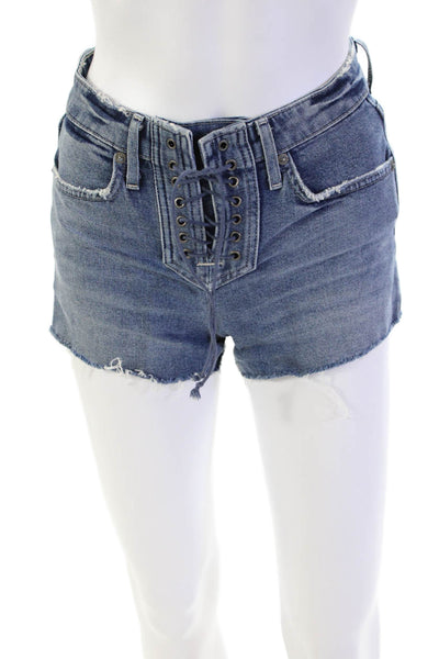 Lovers + Friends Womens Lace Up Mid Rise Fringe Denim Shorts Blue Size 23