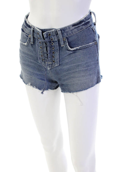 Lovers + Friends Womens Lace Up Mid Rise Fringe Denim Shorts Blue Size 23
