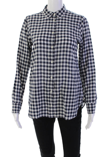 J Crew Womens Button Front Collared Gingham Boy Shirt Navy White Cotton Size 2
