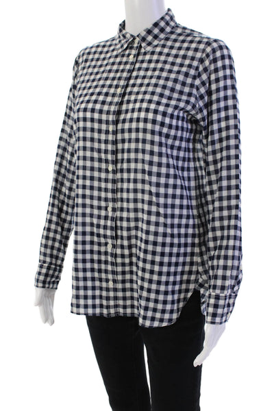 J Crew Womens Button Front Collared Gingham Boy Shirt Navy White Cotton Size 2