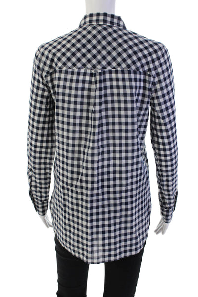 J Crew Womens Button Front Collared Gingham Boy Shirt Navy White Cotton Size 2