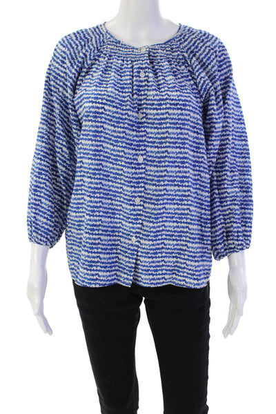 Tucker Womens Button Front 3/4 Sleeve Scribble Striped Silk Top Blue White Small