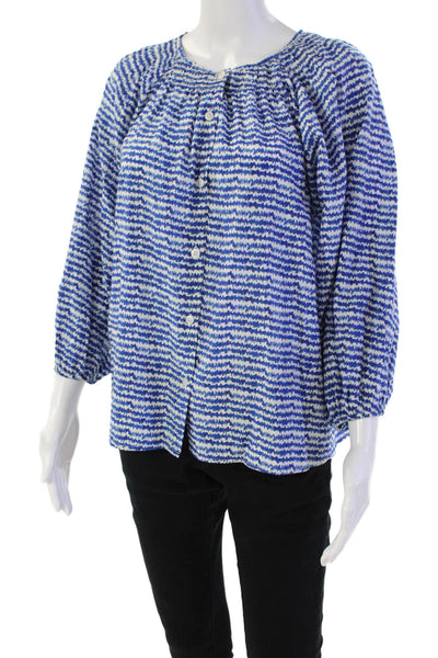 Tucker Womens Button Front 3/4 Sleeve Scribble Striped Silk Top Blue White Small