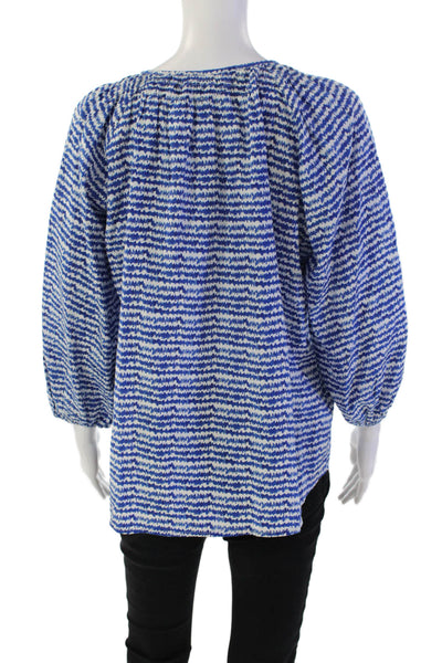 Tucker Womens Button Front 3/4 Sleeve Scribble Striped Silk Top Blue White Small