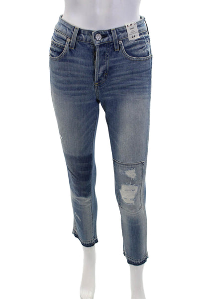 Amo Womens Slim Fit High Rise Distressed Patchwork Jeans Blue Size 24