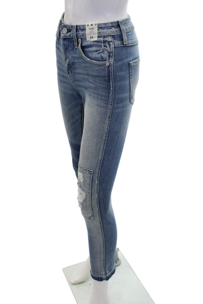 Amo Womens Slim Fit High Rise Distressed Patchwork Jeans Blue Size 24