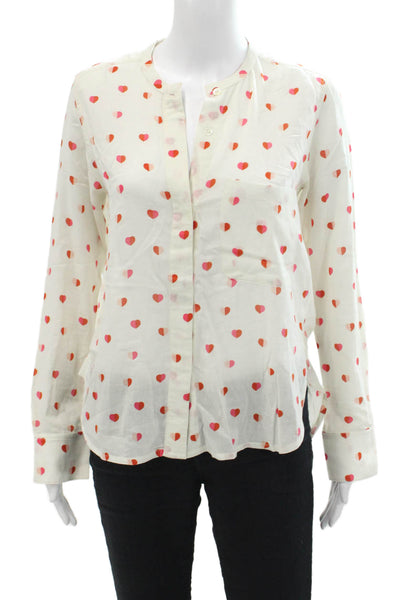 Mois Mont Womens Cotton Heart Print Sheer Long Sleeve Buttoned Top White Size S