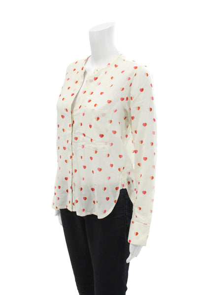 Mois Mont Womens Cotton Heart Print Sheer Long Sleeve Buttoned Top White Size S