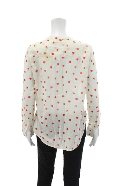 Mois Mont Womens Cotton Heart Print Sheer Long Sleeve Buttoned Top White Size S