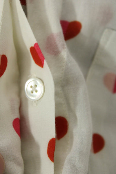 Mois Mont Womens Cotton Heart Print Sheer Long Sleeve Buttoned Top White Size S