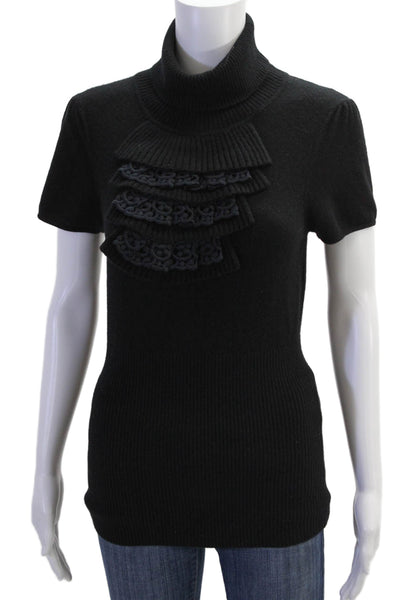 Catherine Malandrino Womens Ruffle Detail Turtleneck Sweater Top Black Size L