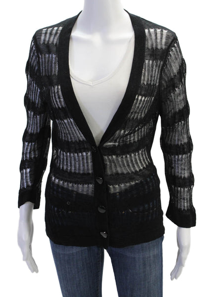 Tracy Reese Womens V-Neck Distress Open Knit Cardigan Sweater Top Black Size S